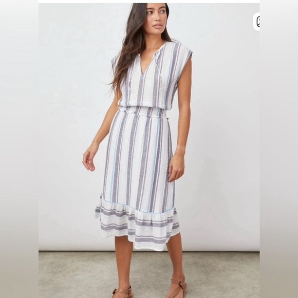 Rails Dresses & Skirts - Rails Ashlyn Linen Blend Midi Dress Aegean Blue Stripe Coastal Vacation Airy
